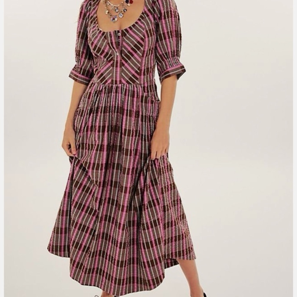 Free People Pink and Black Plaid Midi Dress